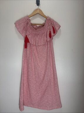 LOFT Red Stripe Off-Shoulder Dress with Tassel Ties, Size XS
